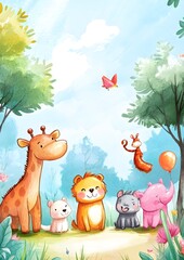 Naklejka premium A cheerful group of cartoon animals enjoying a sunny day in a vibrant forest.