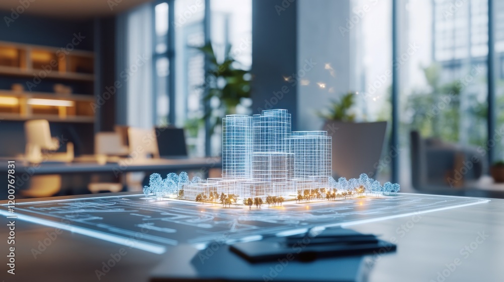 Poster modern architectural design visualization: a futuristic 3d model of a cityscape projected on a table