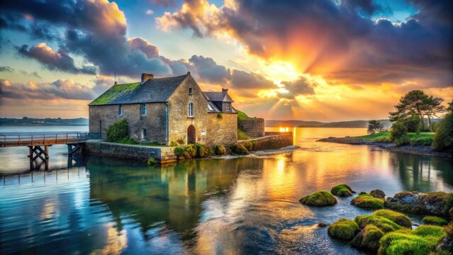 Surreal Vision of Arz Island Tide Mill: Enchanting Landscapes of Morbihan Gulf with Dreamlike Elements and Ethereal Light Effects