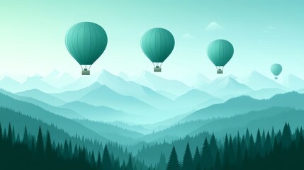 Fototapeta premium Three teal hot air balloons ascending over a misty mountain range