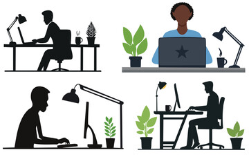 Silhouette of a Person Typing at a Desk with Lamp, Coffee, and Plant