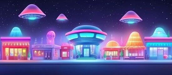 Obraz premium Neon Night: Alien Encounter Above a Futuristic Cityscape