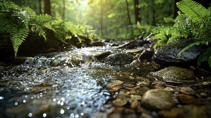 Fototapeta premium Gentle water flowing over smooth stones in lush forest stream nature photography tranquil environment closeup view