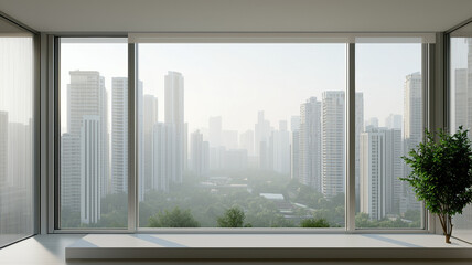 modern city skyline with abundant trees and clean air, viewed from large window