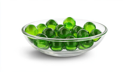 A transparent glass bowl containing perfectly round emerald-green eggs with a crystalline shimmer, placed on a stark white background. Precise cut-out effect, hyper-detailed reflections on the eggs