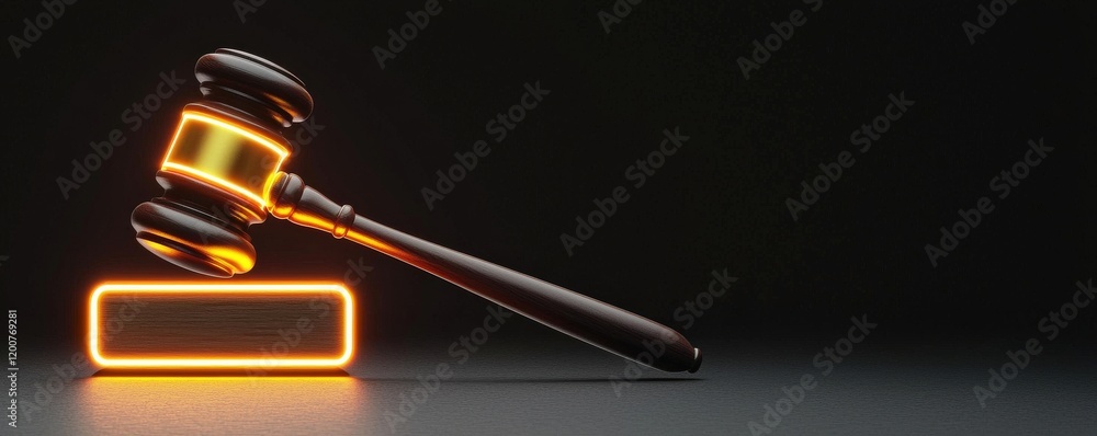 Poster law restriction policy concept. a gavel with glowing highlights rests beside a lighted rectangular b