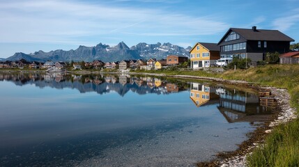 Fototapeta premium Scenic lakefront village with charming houses majestic mountains photography tranquil atmosphere panoramic view serene beauty