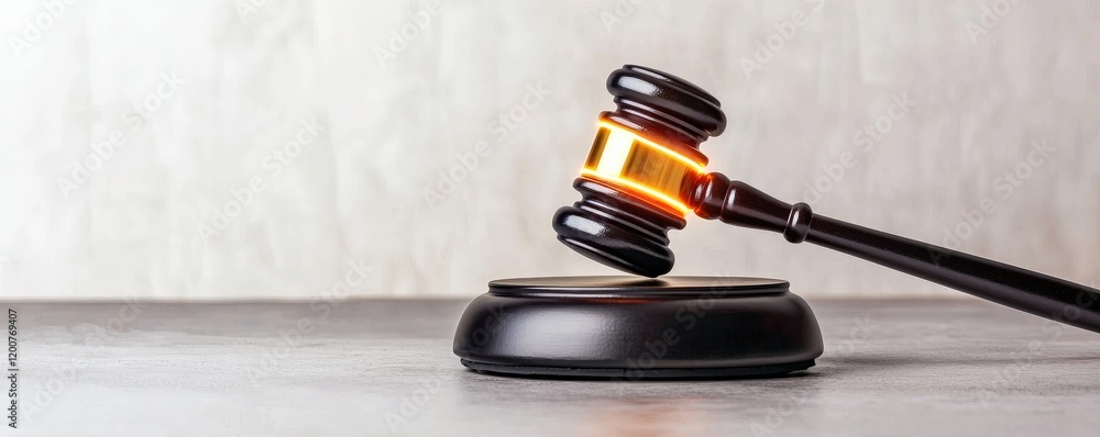 Poster law restriction policy concept. a gavel with an illuminated handle rests on a sound block against a 