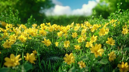 Vibrant Yellow Flowers Meadow Sunny Day Spring Bloom Nature Scene