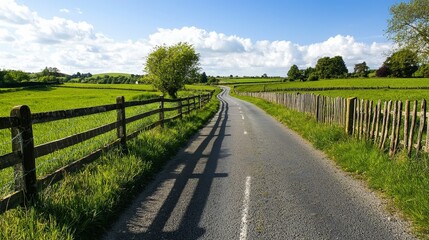 Fototapeta premium Serene country road with wooden fences countryside scenic photo green fields eye-level perspective tranquility