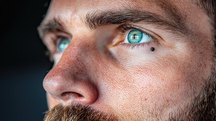 Obraz premium Close up of man with striking blue eyes and facial hair, expressing focus