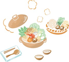 冬　鍋　鍋物　おなべ　水彩　手描き　フード　食べ物　食事　料理　日本　イラスト素材