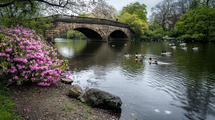 Scenic arched bridge surrounded by blooming flowers tranquil park nature photography serene water reflection landscape view