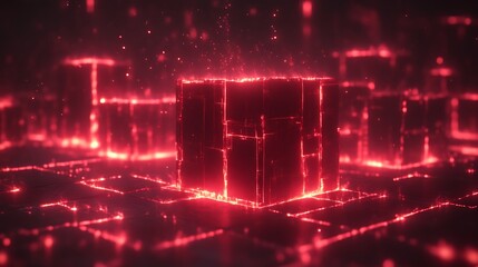 Fototapeta premium Glowing Red Cube in a Dark Digital Landscape