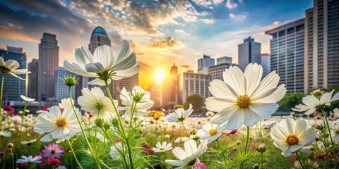 Urban Garden Serenity: Beautiful White Cosmos Blossoms Amidst Urban Exploration Photography for Nature Lovers