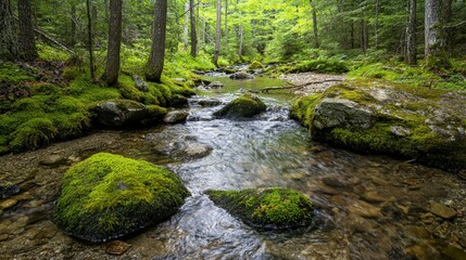 Obraz premium Winding stream through serene forest nature landscape tranquil environment lush greenery peaceful viewpoint