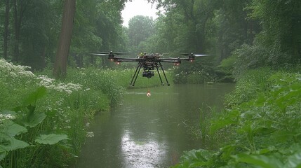 Drone Surveying Waterway in Wooded Area During Rain