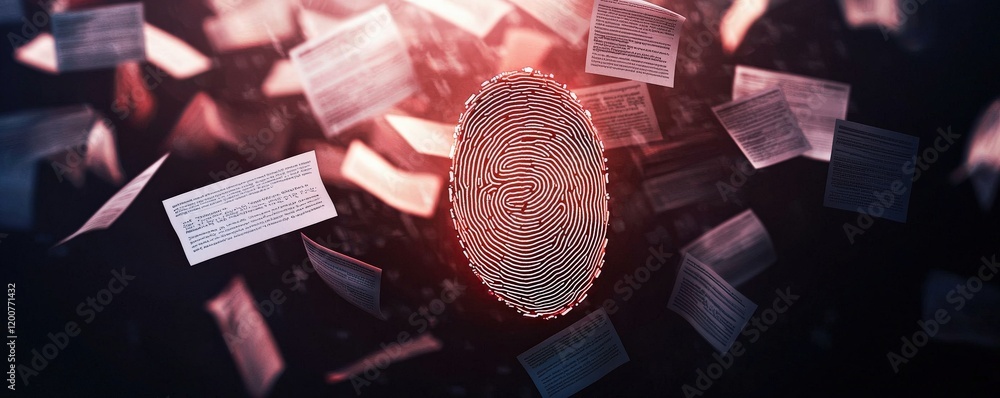Poster law restriction policy concept. abstract digital composition featuring a central fingerprint surroun
