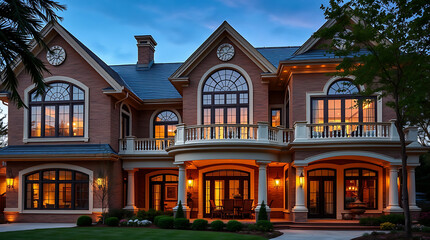 Fototapeta premium Luxury Brick Mansion at Night: Grand Home Exterior Design