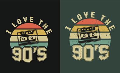I Love The 90s t shirt design text effect card or invitation with geometric elements, tape cassette. Back to the 90s Vector illustration
