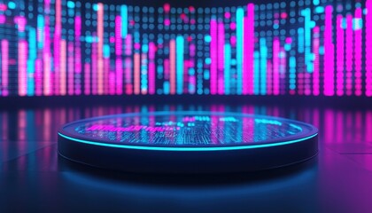 Naklejka premium Economics and strategy shaping GDP dynamics. A digital coin sits in front of a vibrant, illuminated background of colorful bars.