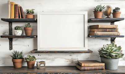 Contemporary poster mockup frame and presentation with shelf decor, books, and green plants, ideal for modern home interiors, stylish design portfolios, and cozy art displays.