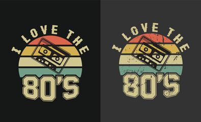 I Love The 80s t shirt design text effect card or invitation with geometric elements, tape cassette. Back to the 90s Vector illustration