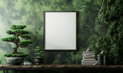 Dark-toned poster mockup frame and presentation with bonsai plants and modern aesthetics, perfect for sleek design projects, artistic portfolios, and home decor ideas.