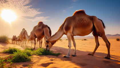 A herd of camels grazing peacefully on grass. The camels appear calm and serene.