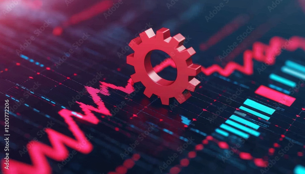 Poster economics and strategy shaping gdp dynamics. red gear symbolizing technology and innovation on a flu