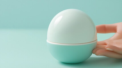 hand holding round, mint colored cosmetic container on soft background