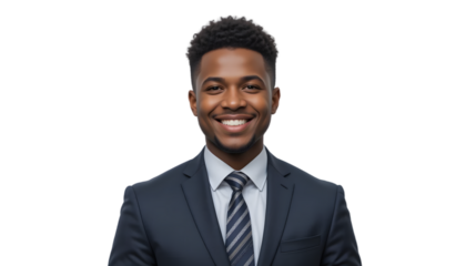 Smiling African American businessman in suit.