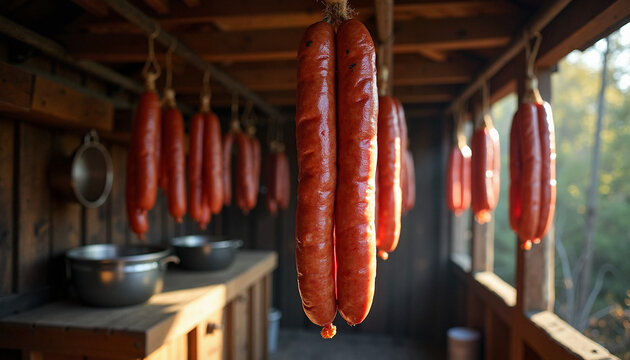 Lukanka sausages hanging in rustic smokehouse, traditional food preparation