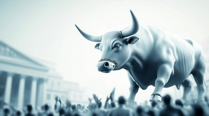 Fototapeta premium A powerful bull symbolizing strength amid a bustling crowd.