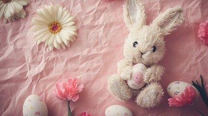 Easter Bunny Charm: A fluffy white bunny plush holds a pastel pink egg, surrounded by delicate pastel pink carnations and Easter eggs,  on a soft pink crumpled paper background.