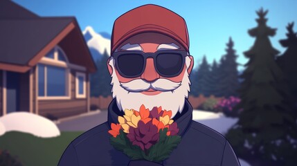 Elderly Man with Flowers, Smiling Outdoors, Cartoon Style