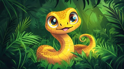 Fototapeta premium Adorable Yellow Snake in Lush Green Tropical Foliage
