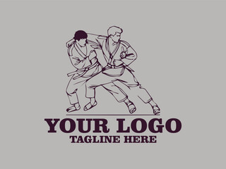 This one-line vector illustration features two young judokas fighting passionately.  This minimalist design creates a strong and elegant impression, and is suitable for use as a poster design