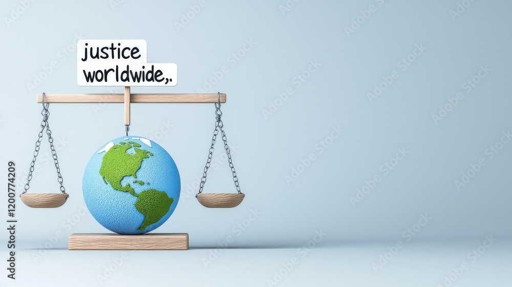 Poster law restriction policy concept. scales balancing a globe symbolize global justice and equality in a 