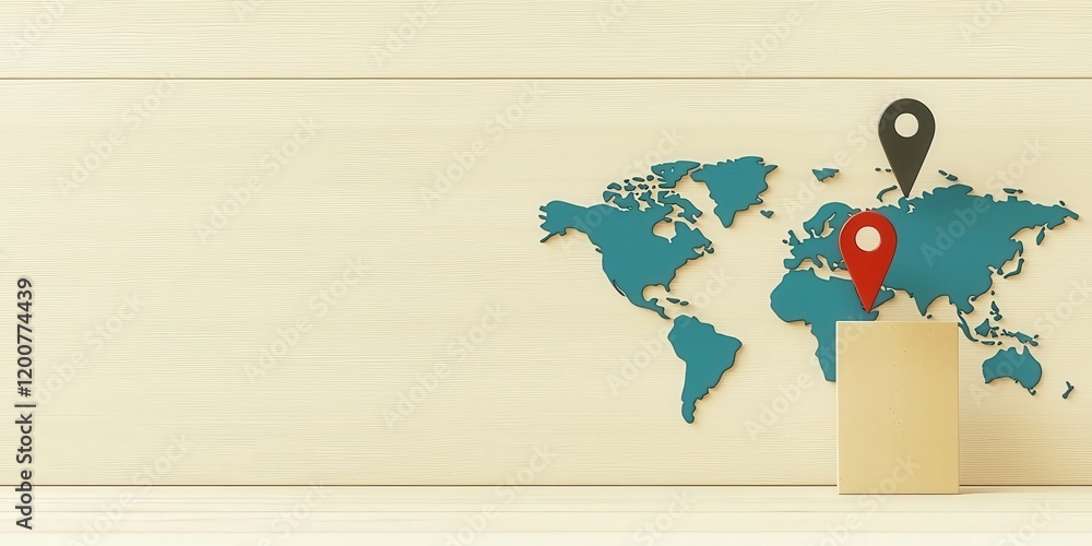 Poster law restriction policy concept. wooden map with colorful location pins highlighting specific areas, 
