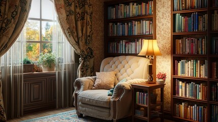 Cozy reading nook with bookshelves and warm lighting.