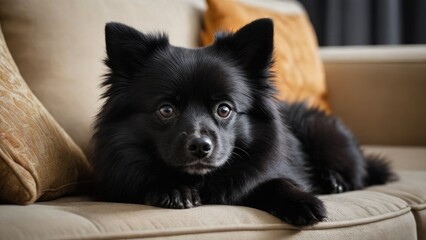 Black german spitz dog lying on sofa in living room