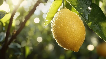 Dew-Covered Lemon on Tree Branch