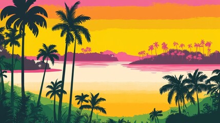 Fototapeta premium Vibrant Sunset over Tropical Lagoon with Silhouetted Palm Trees