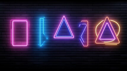 Neon Geometric Shapes on Brick Wall Background