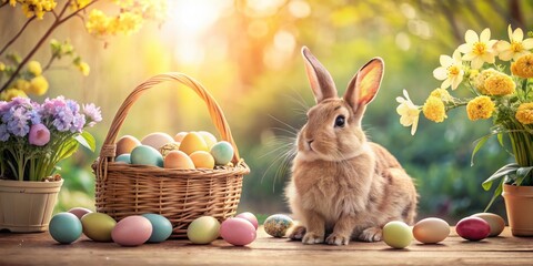 Vintage Style Easter Bunny Surrounded by Colorful Eggs and Baskets in a Festive Spring Setting for Easter Celebrations