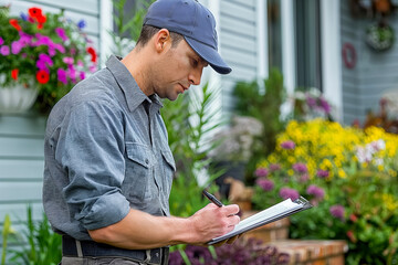 Young man taking notes on clipboard in garden setting