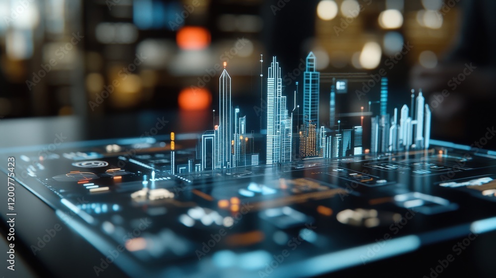 Poster futuristic urban landscape with digital interface and abstract building designs showcasing the inter
