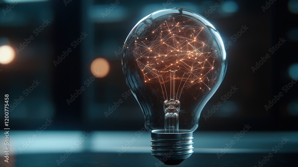 Poster A Light Bulb Illuminating Connections with Network of Lines and Dots in a Modern, Abstract Setting Representing Ideas and Innovation in Technology and Communication