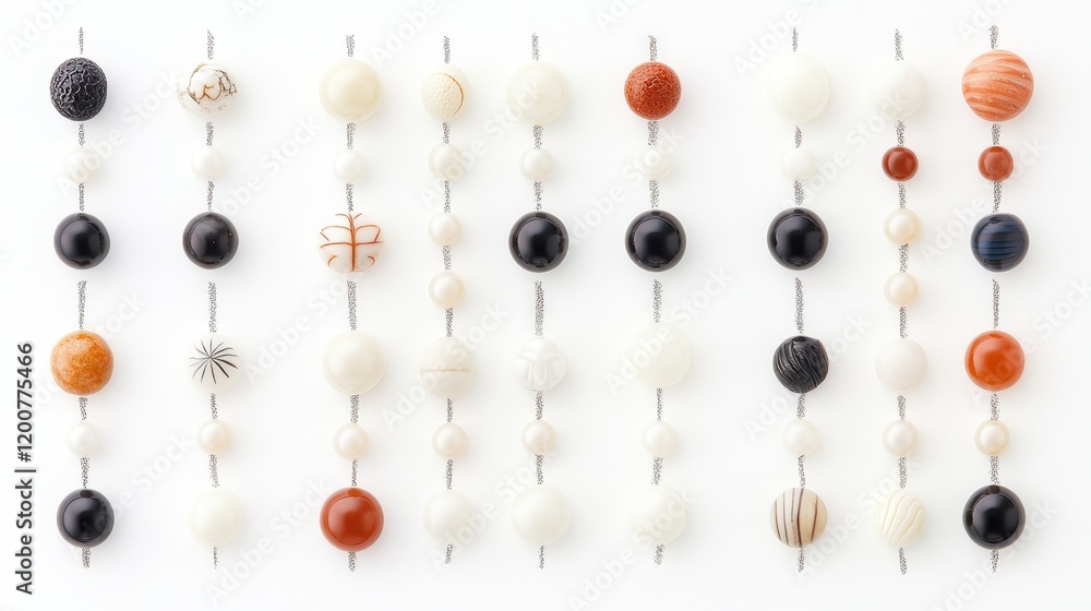 Poster elegant beads arranged in vertical rows on white background